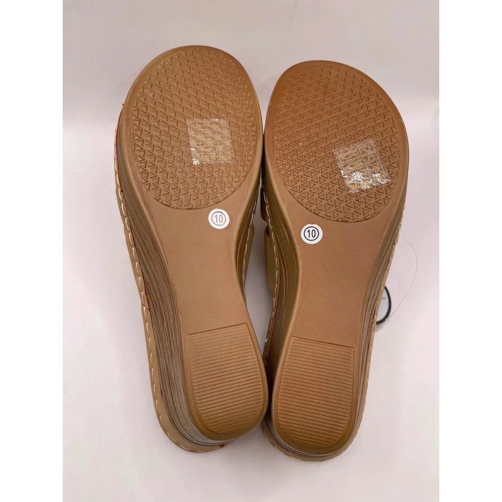 Good Choice Selva Tan Wedge Sandals Gold Buckle Slides Womens 10